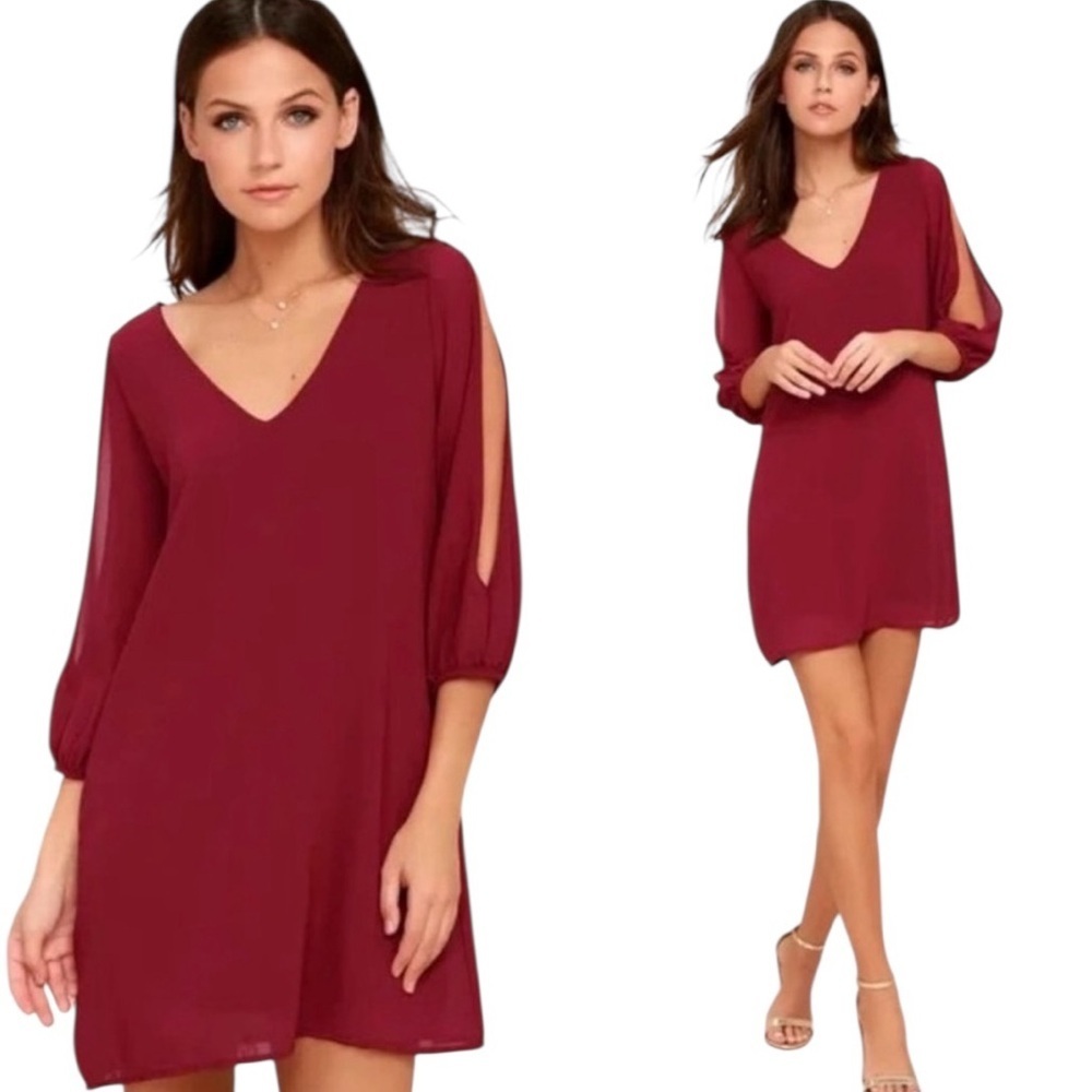 Lulu's | Elegant Burgundy V-Neck Long Sleeve Shift Dress Size Small